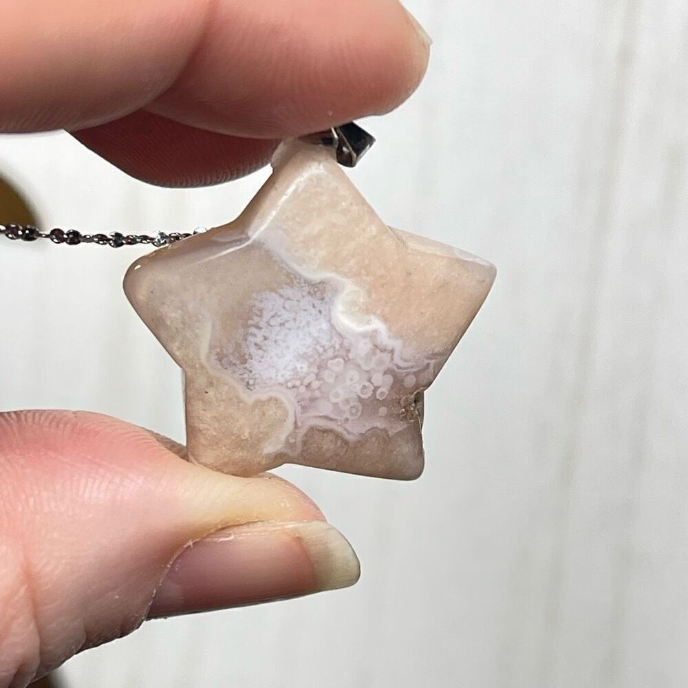 Flower agate orbs orbicular pink star carving pendant stainless steel chain neck